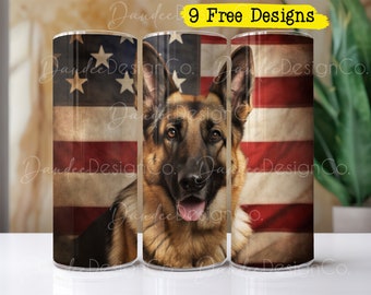 German Shepherd, 20oz Tumbler Design, Skinny Straight Tumbler PNG, German Shepherd PNG, Sublimation Design, American Flag, Patriotic Dog PNG