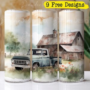 Vintage Truck 20oz Tumbler Design, Skinny Straight Tumbler PNG, Watercolor Blue Truck and Barn Tumbler PNG,  Farm Sublimation Design