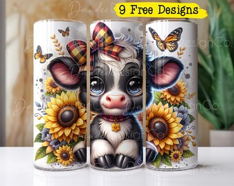 Cute Baby Cow Tumbler Wrap, 20oz Skinny Sublimation Tumbler Design, Black and White Cow Sublimation Design Png Floral Tumbler Png Download