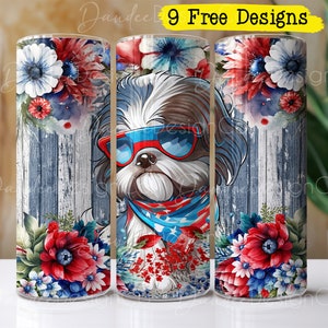 Design de copo Shih Tzu patriótico de 20 onças, copo reto magro PNG, Shih Tzu patriótico PNG, cachorro americano, design de sublimação, envoltório de copo