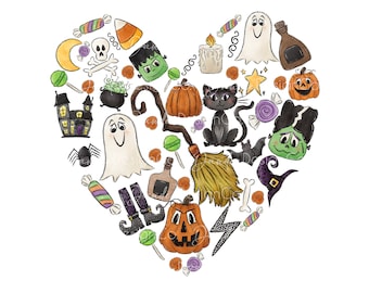 Halloween Doodles PNG, Heart Shape Doodles Sublimation Design,  Halloween Design, Pumpkins, Ghosts, Candy, Witch Hat, Skull, Bat, Black Cat