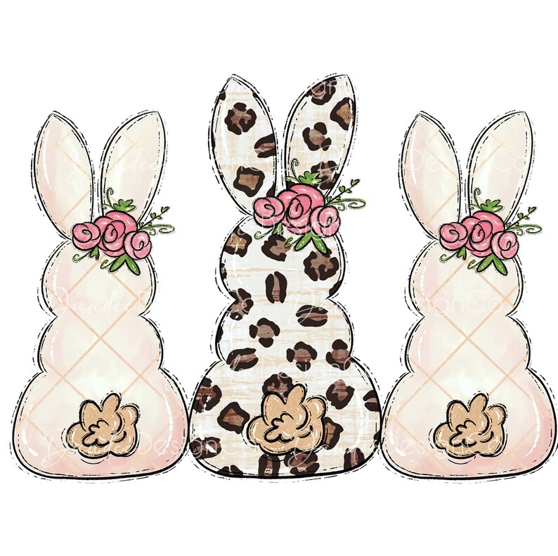 May include: Three Easter bunny shaped decorations. One is white with a pink and green floral design, one is white with a brown and white leopard print, and one is white with a pink and green floral design.