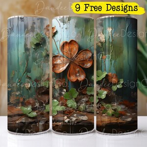 May include: Three sublimation designs for tumblers featuring a blue and green watercolour background with a large brown four-leaf clover and smaller green leaves. The text "9 Free Designs" is at the top of the image.