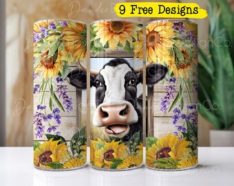 Funny Cow 20oz Tumbler Design, Skinny Straight Tumbler PNG, Black and White Cow, Sublimation Design, Cow Tumbler Wrap, Cow and Sunflowers
