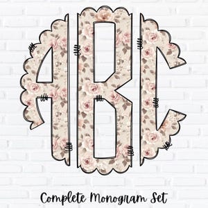 Vintage Rose Floral Monogram PNG, Scalloped Circle Monogram Set, Sublimation File, DTG File, Alphabet Pack, Doodle Letters Monogram Set, 008
