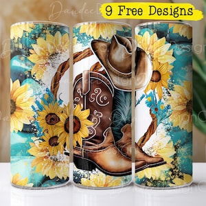 Design de copo ocidental de 20 onças, design de sublimação de copo, skinny, copo reto PNG, botas de cowboy e girassóis