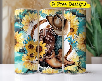 Western 20oz Tumbler Design, Tumbler Sublimation Design, Skinny, Straight Tumbler PNG, Cowboy Boots and Sunflowers Tumbler Wrap