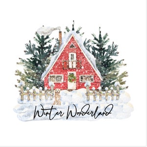 Cabine de Natal Vermelha PNG, design de sublimação de Cabine de Natal Vermelha, país das maravilhas do inverno PNG, Golden Retriever Dog PNG, download digital