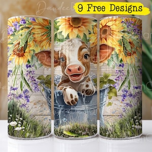 May include: A sublimation design featuring a brown and white cow with brown spots sitting in a blue bucket. The cow is surrounded by sunflowers and purple flowers. The design is perfect for a tumbler or other sublimation projects.