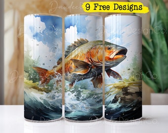 Diseño de vaso de pescado de 20 oz, diseño de sublimación de vaso, PNG de vaso recto delgado, envoltura de vaso de pescador, PNG de vaso de pesca, diseño de pescado