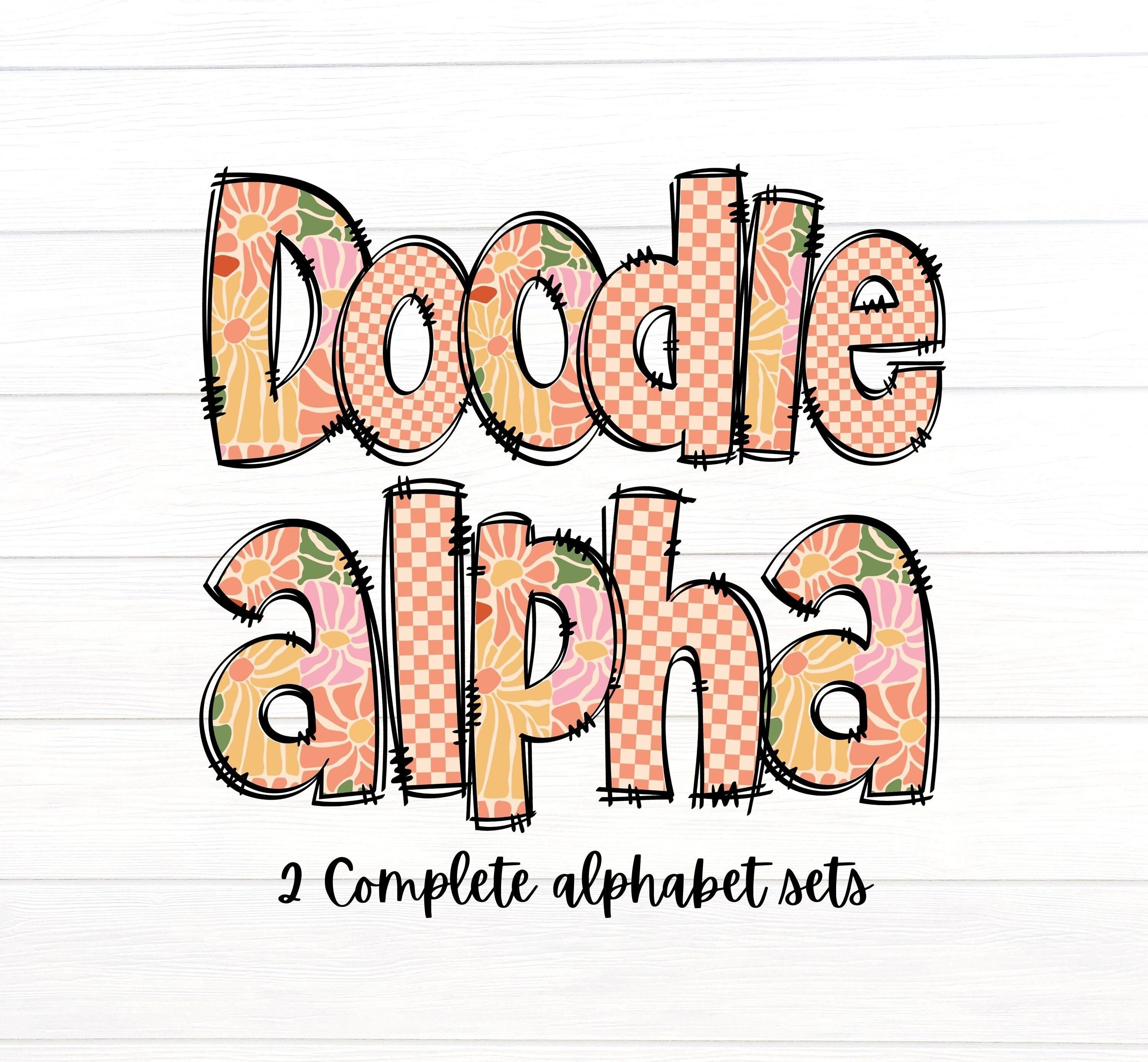 Retro Floral Doodle Letters, Retro Alpha Set, 2 Alphabet PNG Sets ...