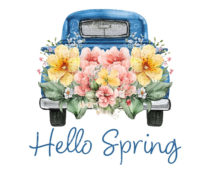 May include: A blue vintage pickup truck with a bed full of yellow, pink, and white flowers. The text "Hello Spring" is written below the truck.