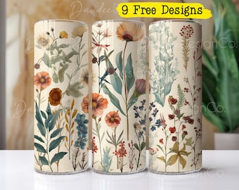 Vintage Boho Wildflowers 20oz Tumbler Design, Skinny Straight Tumbler PNG, Wildflowers Tumbler PNG, Floral Sublimation Design, Cottagecore