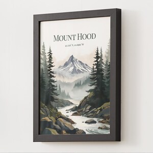 Impresión de paisaje del Monte Hood, Oregón, Bosque Brumoso, Río, Coordenadas (Descarga digital)