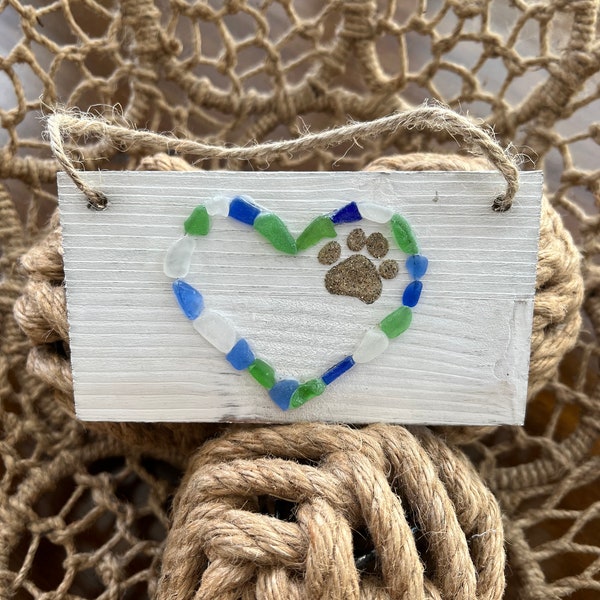 Heart/dog/ sea glass sign/ Puppy love / Coastal decor/ Cottage home