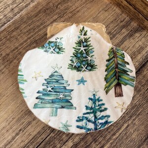 May include: A decorative seashell with a Christmas tree design. The white shell features blue and green Christmas trees and starfish. The shell is placed on a wooden surface.
