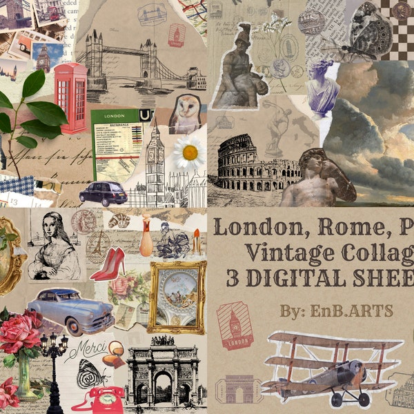 London, Rome, Paris, 3 DIGITAL SHEETS for Junk Journal, Scrapbook, Printable, Vintage, Prints, Travel, Collage, Background