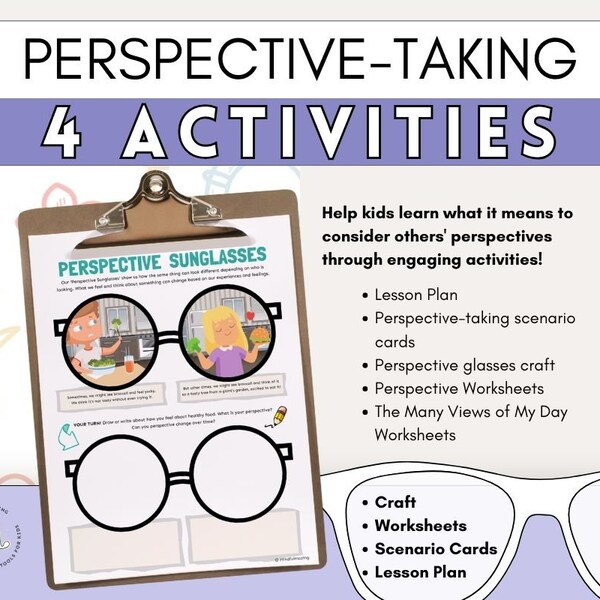 Perspective Taking Sunglasses Activities Mini Lesson, Empathy Scenario Worksheets, Growth Mindset For Kids, A View of My Day Reframing