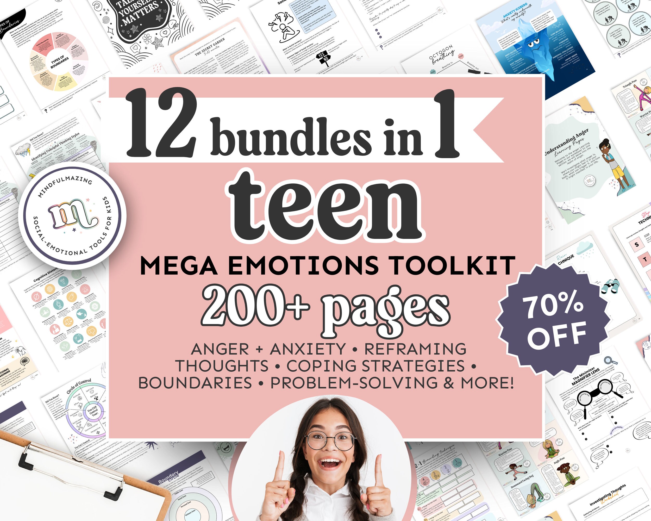Teen therapy worksheets bundle, therapist journal anxiety,  teenagers coping skills, cognitive distortions, boundaries, affirmations