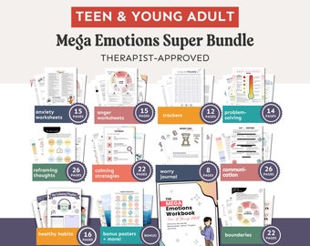 Teen therapy mega worksheet bundle, therapy workbook, therapist journal anxiety, cognitive distortions, teenagers coping skills,  boundaries