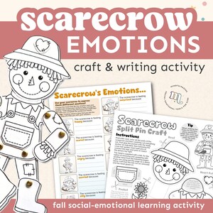 May include: A printable scarecrow craft and writing activity for kids. The activity includes a black and white scarecrow illustration with a split pin craft, and a worksheet with prompts for kids to write about the scarecrow's emotions. The worksheet includes prompts for happy, scared, surprised, angry, and silly.