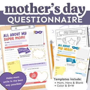 Mother's Day Questionnaire, All About Mom Printable, Mother's Day Gift, Includes My Hero For Other Special People in Kids life