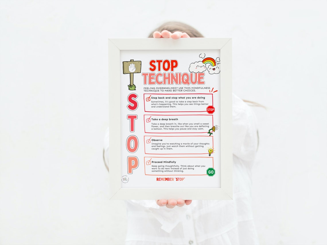 Stop Method Poster STOP Technique Poster - Watercolor Version | RAIN Technique | Calming ...