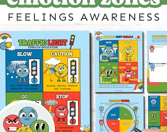 May include: A printable set of self-regulation lessons for children. The colorful worksheets feature a traffic light metaphor to help children understand their emotions and learn coping skills. The worksheets include a feelings wheel, body signals, and stop-time tools.