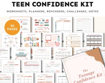 May include: A bundle of worksheets, planners, and notes for teens, titled "Teen Confidence Kit." The kit includes 50 pages of self-improvement tools, with a soft color palette and decorative elements. The cover reads "The Teenage Confidence Kit: Empower You!"