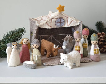 Krippenfiguren Set (ohne Stall) aus Filz: Dreikönig, Weihnachtsengel, Jesus, Maria, Josef, Esel, Schaf, Ochse I für Kinder geeignet