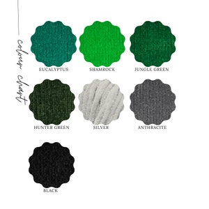 May include: Color chart showing eight different yarn colors: Eucalyptus, Shamrock, Jungle Green, Hunter Green, Silver, Anthracite, Black.