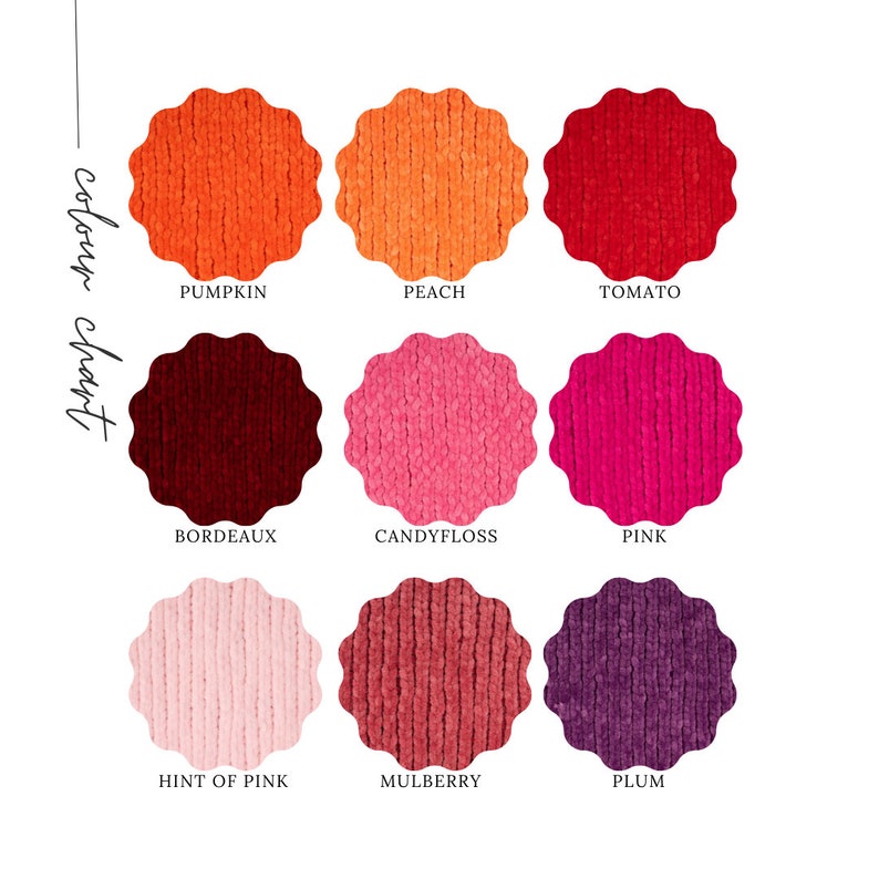 May include: Color chart with 9 different shades of pink, red, and orange. The colors are labeled: Pumpkin, Peach, Tomato, Bordeaux, Candyfloss, Pink, Hint of Pink, Mulberry, and Plum.