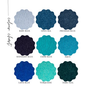 May include: Color chart with nine different shades of blue and teal. The colors are displayed in circular swatches with the name of each color written below.