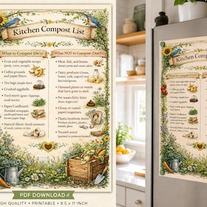 Puede incluir: Un cartel rectangular Kitchen Compost List con ilustraciones botánicas de girasoles, pájaros azules y herramientas de jardín. El texto se divide en secciones What to Compost y What NOT to Compost, impreso sobre un fondo crema con borde floral.