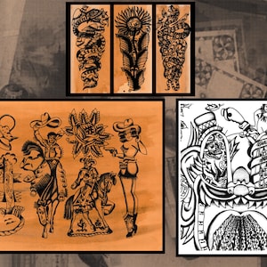 Black and Grey Traditional Tattoo Print Pack - 6 Prints Various Sizes - Cowgirl