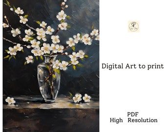 Téléchargement immédiat - Impression artistique - Impression de peinture à l'huile « Plum Blooms », traditionnelle, fleurs blanches, A4