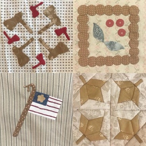 May include: A patchwork quilt block featuring a variety of patterns and colours. The block includes a brown and white star design, a brown and white geometric design, a brown and white floral design, and a red, white and blue flag design.