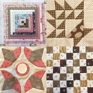 May include: Four fabric squares with different patchwork patterns. The top left square has a pink and brown log cabin pattern. The top right square has a brown and white star pattern. The bottom left square has a pink and brown flower pattern. The bottom right square has a brown and white checkerboard pattern.