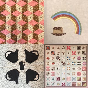 May include: A collage of four images showing different quilt blocks. The top left image shows a pink and brown quilt block with a geometric pattern. The top right image shows a rainbow-coloured quilt block with a house shape in the centre. The bottom left image shows four black fabric pieces with a curved shape. The bottom right image shows a quilt block with a variety of different patterns and colours.