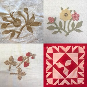 May include: A collage of four fabric squares featuring different quilt patterns. The top left square shows a brown floral design. The top right square shows a yellow flower with pink and green leaves. The bottom left square shows a red and brown floral design. The bottom right square shows a red and pink geometric pattern.