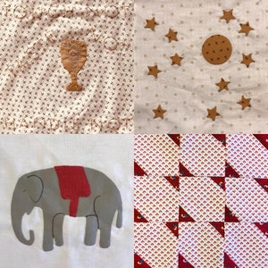 May include: A patchwork quilt with four different designs. One section has a brown goblet with a snake design and embroidered text. Another shows a circle surrounded by stars. An elephant with a red saddle is in the third section, and the last shows a repeating pattern.