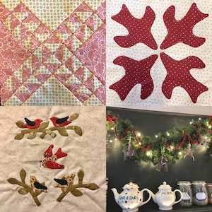 May include: Four different quilt blocks featuring a variety of designs. The first block is a patchwork design with pink and yellow fabric. The second block features a red, white, and blue design with a star in the centre. The third block is a simple red block with a white star in the centre. The fourth block is a red block with a white star in the centre.