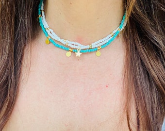 Tiny seed bead choker necklaces - festival, summer - white and gold plain or with star, turquoise disc choker