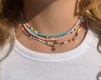 Tiny seed bead charm choker necklace - festival, summer - multicoloured, pink, turquoise, star, lock or moon