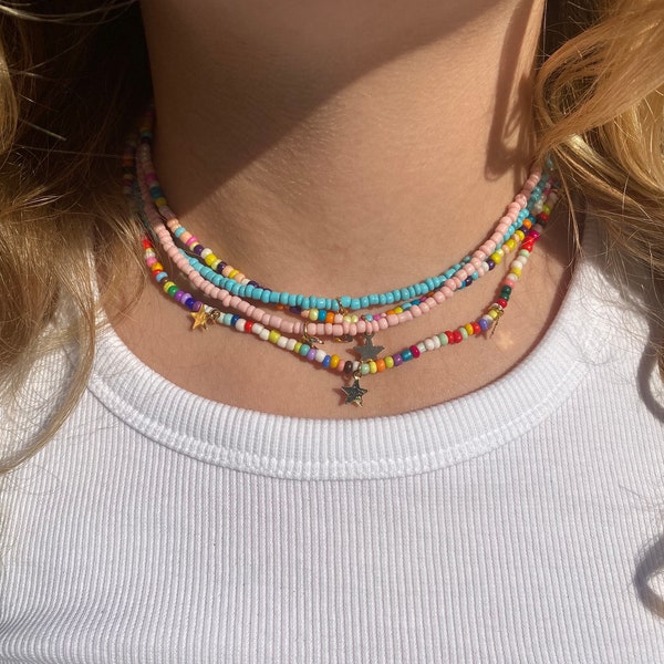 Tiny seed bead charm choker necklace - festival, summer - multicoloured, pink, turquoise, star, lock or moon