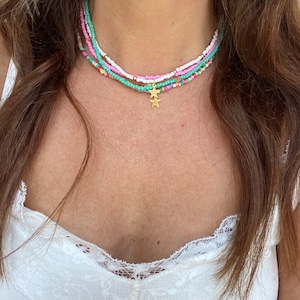 Tiny seed bead charm choker necklace - festival, summer - multicoloured, pink, green, star, heart, starfish, moon, shells