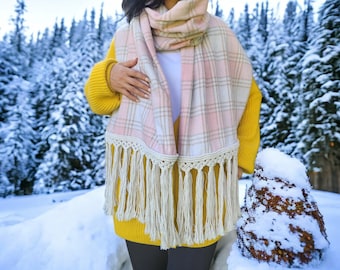 Handmade Tassel Macrame Knitted Plaid Scarf, Winter Fashion Big Shawls, Bohemian Flair, Boho Vintage Scarf, Gift For Her