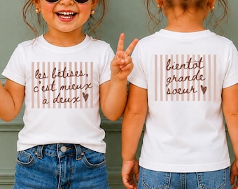 Camiseta "Pronto serás hermana mayor": Anuncio de embarazo, las travesuras son mejores con dos, futura hermana mayor, anuncio de bebé para papá, abuela y tía.