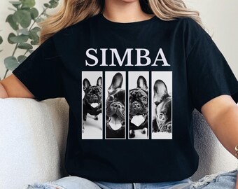 Może przedstawiać: Czarny T-shirt z nadrukiem słowa "SIMBA" w białych literach. Cztery czarno-białe zdjęcia buldogów francuskich są ułożone w rzędzie pod słowem.