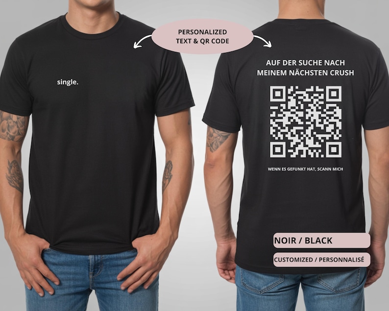 May include: Black t-shirt with the word "single" printed on the front. The back of the shirt features a QR code and German text. The shirt is a basic crew neck style.